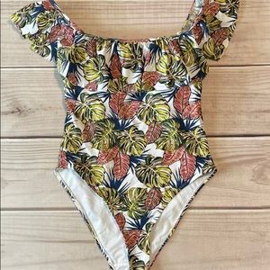 Cabana Del Sol Womens Size Large Tropical Floral Bathing Suit Ruffle Neckline